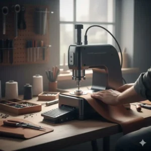 Electric button presser tool with foot pedal operation for rapid and effortless button installation.