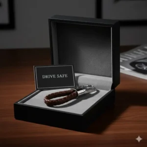 A luxury-style gift box containing a premium automotive key ring ready to be presented.