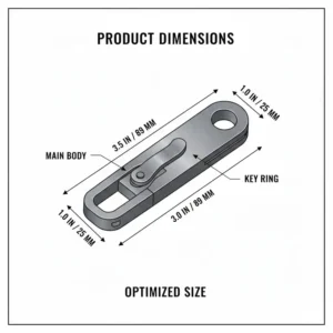 Technical drawing with dimensions of the quick release key clip, specifying its compact, optimized size.