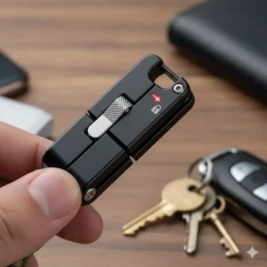 A detailed view of the quick release keychain's secure locking mechanism, emphasizing that it will not accidentally detach.