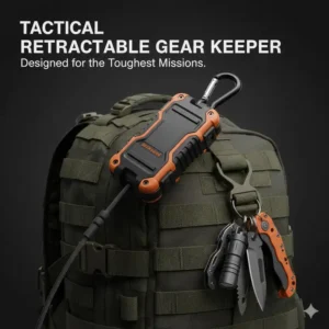 A rugged, tactical retractable key chain with a tough, reinforced housing, designed for demanding environments and heavy use.