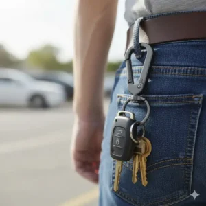 A practical carabiner-style car keychain clip attached to a belt loop, showing how it keeps car keys secure and accessible.