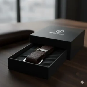 Elegant gift box packaging containing a luxury item from the automotive keychains range, ideal for presents.