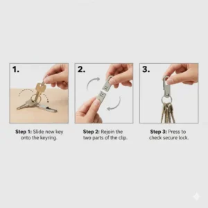 A simple step-by-step illustration demonstrating how to easily add or remove keys from the key holder clip assembly.