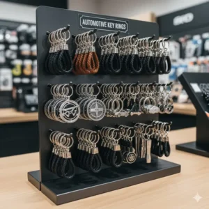 Assorted novelty and classic automotive key rings neatly organized on a retail display rack.