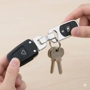 The quick release key chain presented in its stylish retail packaging, making it an excellent practical gift for men and women.
