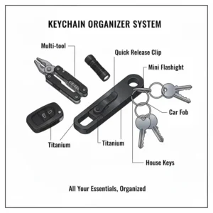 A fully assembled quick release key clip system with various accessories, illustrating its utility as a complete keychain organizer.