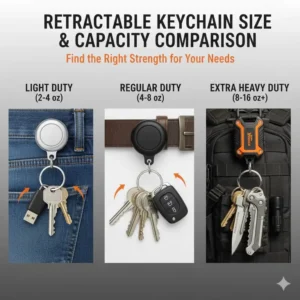 A size comparison of three different-sized retractable key chain options, illustrating capacity from light to extra heavy duty.