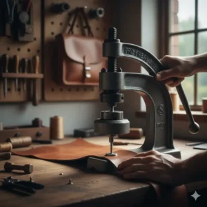 Detailed demonstration of using the button presser tool to set durable rivets on leather material.