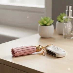 A stylish car keychain with a decorative tassel or personalized initial, often favored by women.