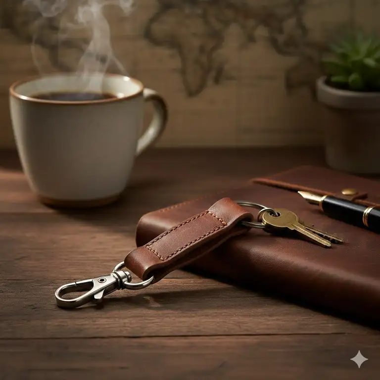 A premium brown leather male keychain with a stainless steel lobster clasp on a wooden surface.