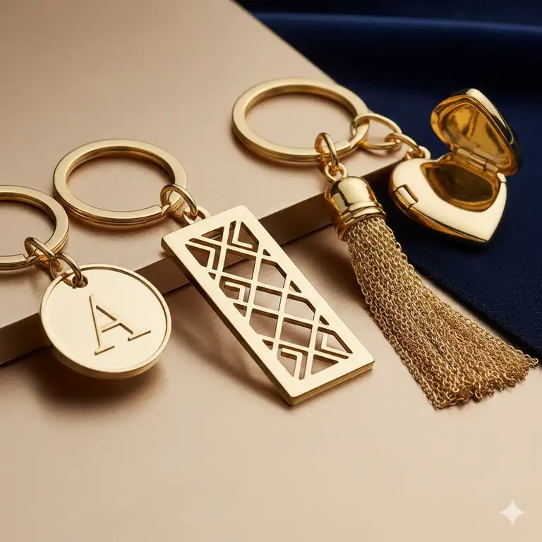 Shop our featured gold keychain collection, showcasing luxury designs and durable 14k gold plating.Assortment of gold keychains in various popular shapes like hearts, geometric, and tassel designs.Assortment of gold keychains in various popular shapes like hearts, geometric, and tassel designs.keychains gold
