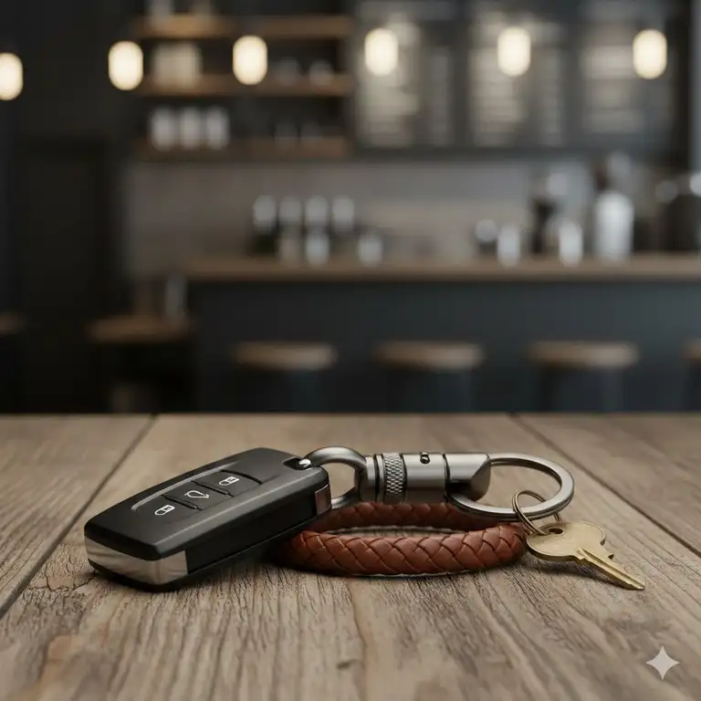 Featured Image: A premium leather car fob keychain on a wooden table.