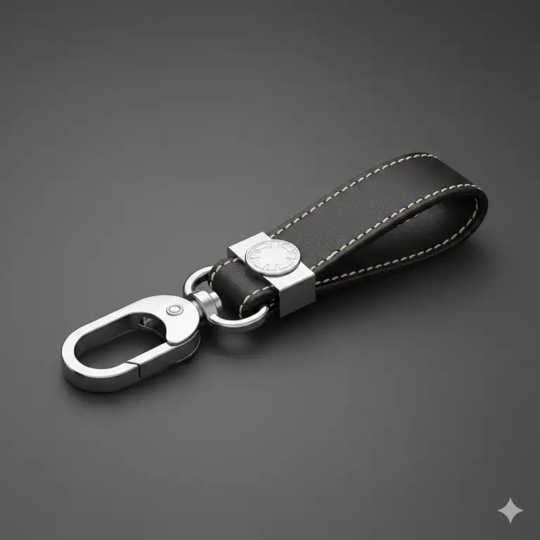 A high-quality studio shot of a beautiful, handcrafted black luxury leather key ring, showcasing its luxurious texture and fine stitching with chrome hardware.