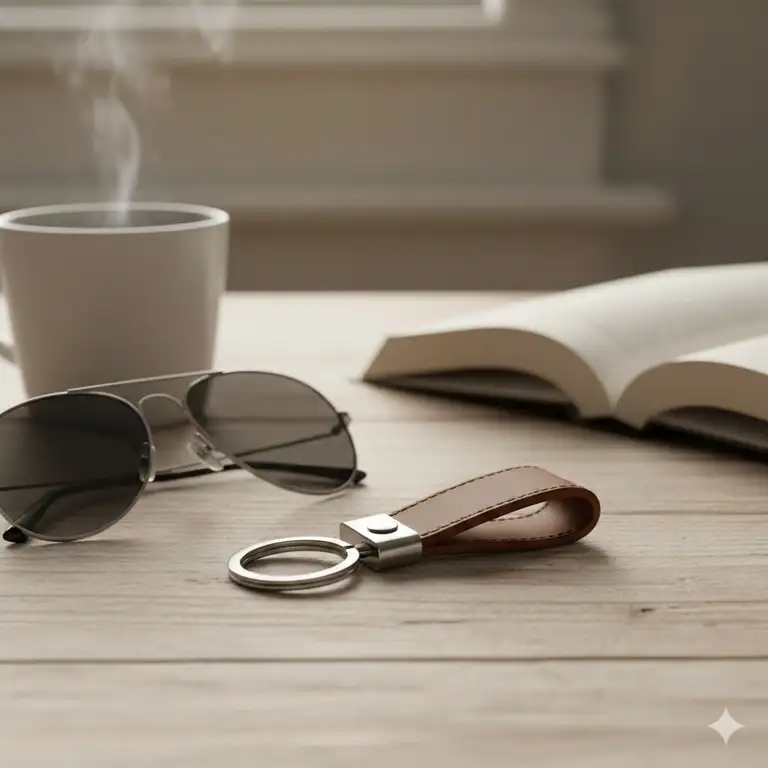A premium brown mens leather keyring with a stainless steel ring placed on a wooden table next to a pair of sunglasses.