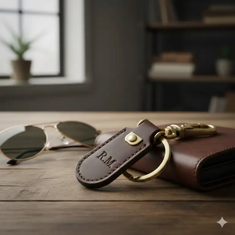 A professional product shot showcasing a personalized mens keychain leather in rich brown with brass hardware on a wooden desk.