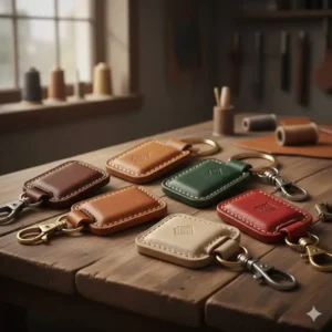A collection of custom, handcrafted leather accessories, including beautiful key rings in various colors and designs.