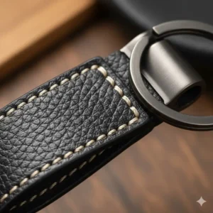 Close-up texture of a black full-grain leather key ring mens showing durable stitching and silver hardware.