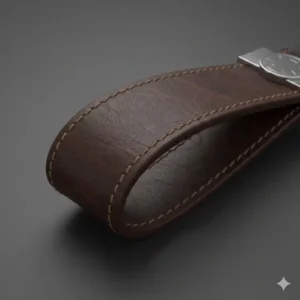 Close-up of the smooth, full-grain leather texture of the premium item, highlighting the material quality of the luxury leather key ring.