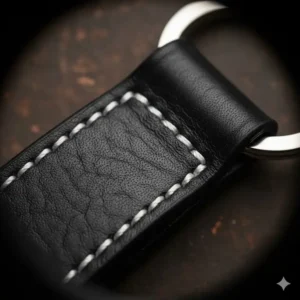 Close-up view of the high-quality stitching and grain texture on a black mens leather keyring.