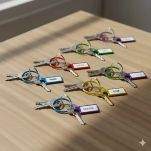 Set of brightly colored key rings with identification tags for easy key management.