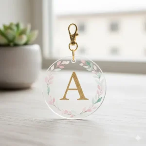 Close-up shot of a personalized key chain with a floral design and the initial 'A', illustrating one of the most popular beautiful key chains custom gift options.