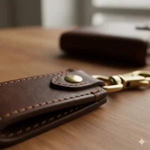 A detailed close-up highlighting the full-grain texture of the premium mens keychain leather and precise stitching.