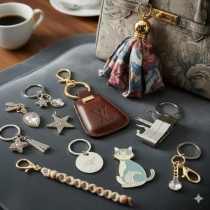 Close-up of a premium, monogrammed leather fancy keychain crafted from genuine designer leather with polished gold hardware.