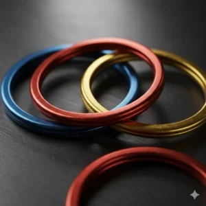 Close-up of metallic anodized aluminum colored key rings in blue, red, and gold.