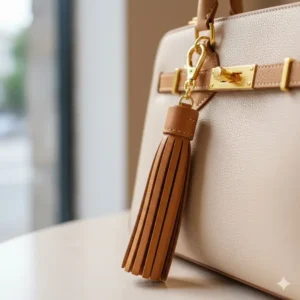 An elegant, beautifully crafted leather tassel key chain in tan color attached to a designer handbag, representing stylish beautiful key chains.