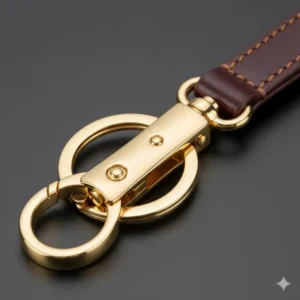 Detail shot of the polished, gold-plated metal hardware and swivel clasp on the luxury leather key ring, emphasizing its durable and luxury finish.