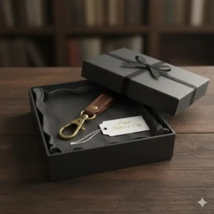 A handcrafted leather key ring mens presented in a minimalist black gift box for Father's Day.