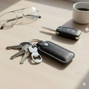 A mens leather keyring organizer holding a set of house keys and a modern car key fob.