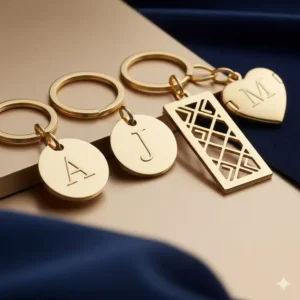 Personalized gold keychains featuring custom engraved initials, a perfect gift for any occasion.