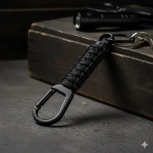 Heavy-duty tactical male keychain made of braided paracord with a black carabiner.