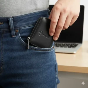 Compact zippered key case fitting neatly into the front pocket of jeans, demonstrating its slim and practical design.