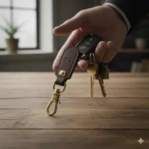 Lifestyle view of a hand holding keys attached to the durable mens keychain leather, emphasizing practical use.