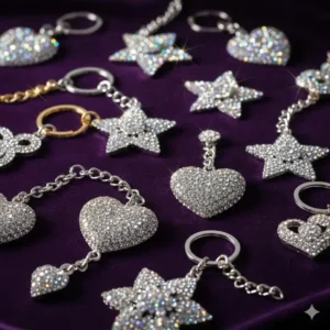 A collection of sparkling, rhinestone-encrusted and crystal-beaded fancy keychains reflecting light on a velvet background.
