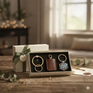 A photo of a luxury gift box containing three assorted beautiful key rings, perfect for holidays or special gifts.