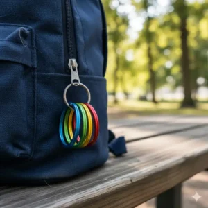 A set of multi-colored key rings attached to a backpack zipper for personalization.