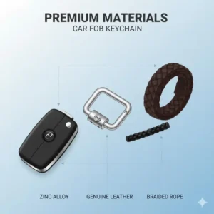 Illustration 3: Technical drawing of a durable metal and leather car fob keychain material.