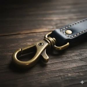 Detail shot of a navy blue leather key ring mens with a heavy-duty antique brass lobster clasp.