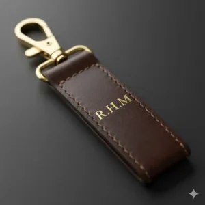 A personalized luxury leather key ring embossed with elegant initials, showing the option for custom monogramming.