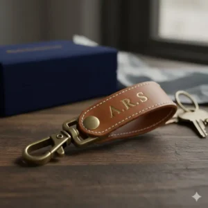 A personalized mens leather keyring featuring embossed gold initials for a custom gift.