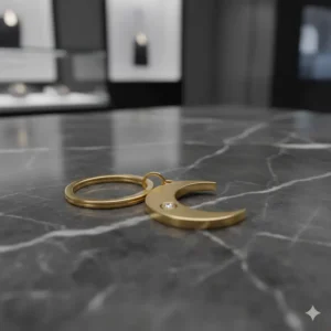 A sleek, minimalist gold-plated metal key chain shaped like a crescent moon, emphasizing its beautiful design among modern beautiful key chains.