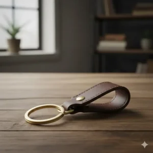 Brown loop-style mens keychain leather, featuring an elegant design and strong metal ring.