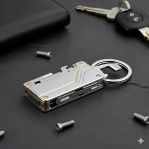 An image showing a sleek, metallic multi-tool that functions as a sophisticated, practical fancy keychain for everyday use.
