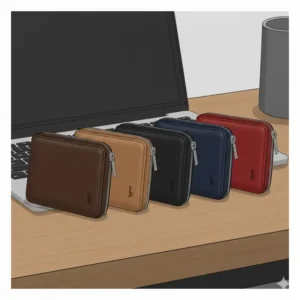 Group photo of five different zippered key cases lined up, showcasing the available colors: brown, tan, black, navy, and red.