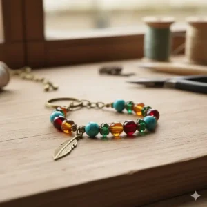 A stunning, handmade key chain with colorful glass beads and a small, delicate brass charm, a perfect example of unique and beautiful key chains.