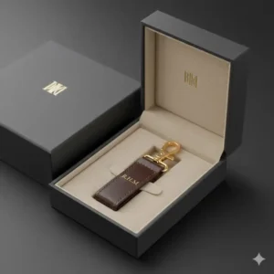 The luxury leather key ring presented inside its sleek, branded gift box, ready for presentation as a perfect gift.